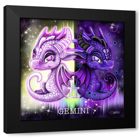 Zodiac Lil Dragonz Gemini Black Modern Wood Framed Art Print with Double Matting by Sheena Pike Art