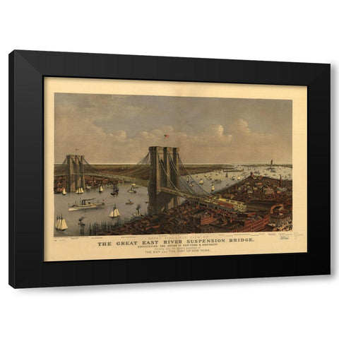 Brooklyn Bridge Black Modern Wood Framed Art Print with Double Matting by Vintage Apple Collection