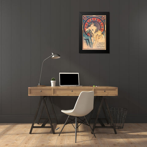 Mucha La Plume Black Modern Wood Framed Art Print by Vintage Apple Collection