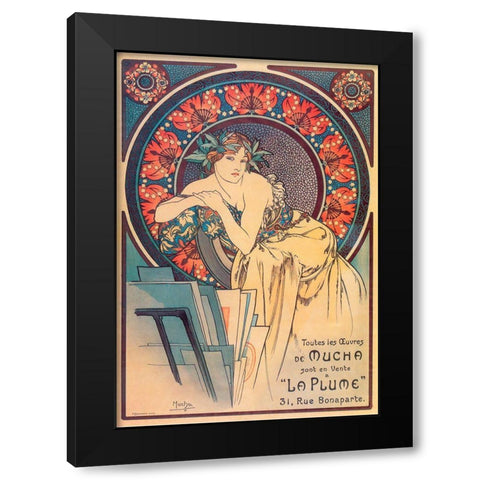 Mucha La Plume Black Modern Wood Framed Art Print by Vintage Apple Collection