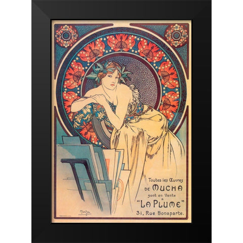 Mucha La Plume Black Modern Wood Framed Art Print by Vintage Apple Collection