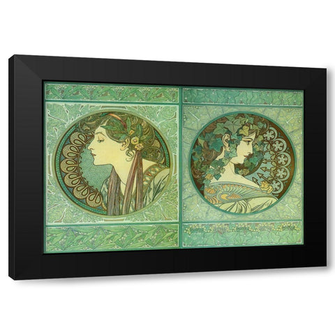 Mucha Green Medallions Black Modern Wood Framed Art Print by Vintage Apple Collection
