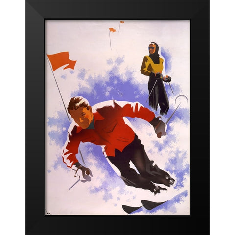 Downhill Skiing Black Modern Wood Framed Art Print by Vintage Apple Collection