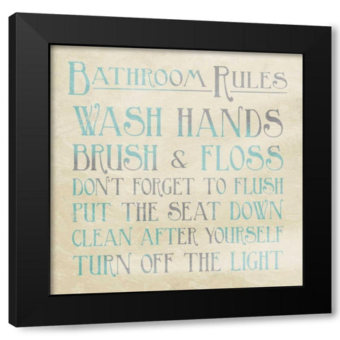 Bathroom Rules Teal Black Modern Wood Framed Art Print by Grey, Jace