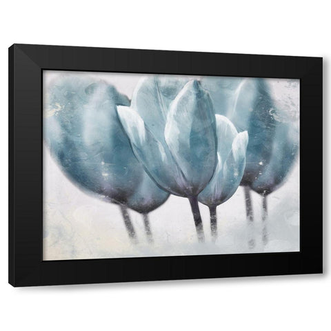 Three Tulip Blue Black Modern Wood Framed Art Print with Double Matting by Villa, Milli