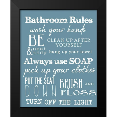 BATHROOM RULES BLUE Black Modern Wood Framed Art Print by Greene, Taylor