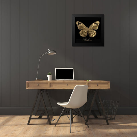 Believe Gold Butterfly Black Modern Wood Framed Art Print by Greene, Taylor
