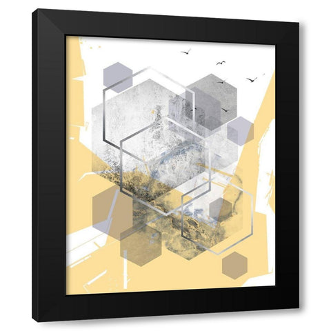 Yellow Grey Abstract Hexagons 1 Black Modern Wood Framed Art Print with Double Matting by Urban Epiphany