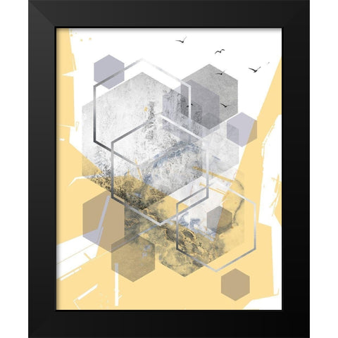Yellow Grey Abstract Hexagons 1 Black Modern Wood Framed Art Print by Urban Epiphany