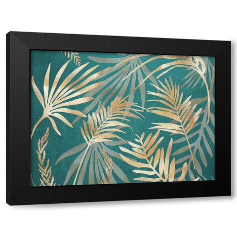 Glam Leaves Teal 1 Black Modern Wood Framed Art Print with Double Matting by Urban Epiphany