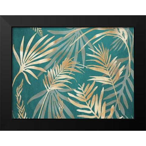 Glam Leaves Teal 1 Black Modern Wood Framed Art Print by Urban Epiphany
