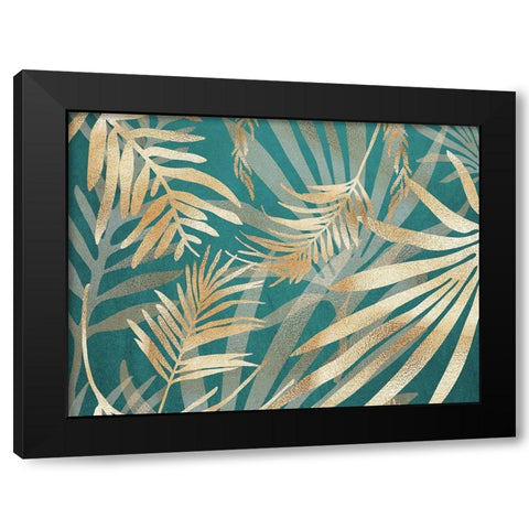 Glam Leaves Teal 2 Black Modern Wood Framed Art Print by Urban Epiphany