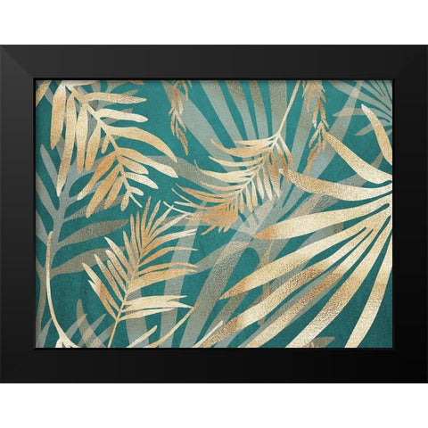 Glam Leaves Teal 2 Black Modern Wood Framed Art Print by Urban Epiphany