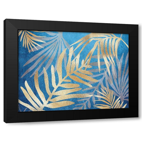Glam Leaves Blue Black Modern Wood Framed Art Print with Double Matting by Urban Epiphany