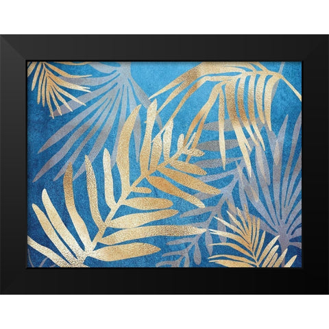 Glam Leaves Blue Black Modern Wood Framed Art Print by Urban Epiphany