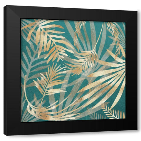 Glam Leaves Teal 4 Black Modern Wood Framed Art Print with Double Matting by Urban Epiphany