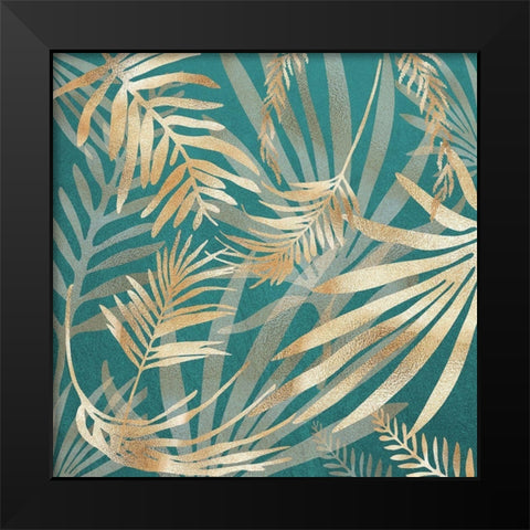 Glam Leaves Teal 4 Black Modern Wood Framed Art Print by Urban Epiphany