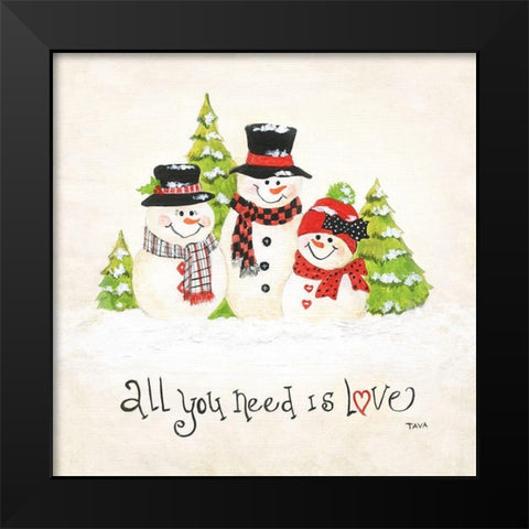 All You Need is Love Snowman Black Modern Wood Framed Art Print by Tava Studios
