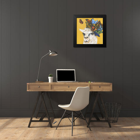 Llama and Butterflies Black Modern Wood Framed Art Print by Tava Studios