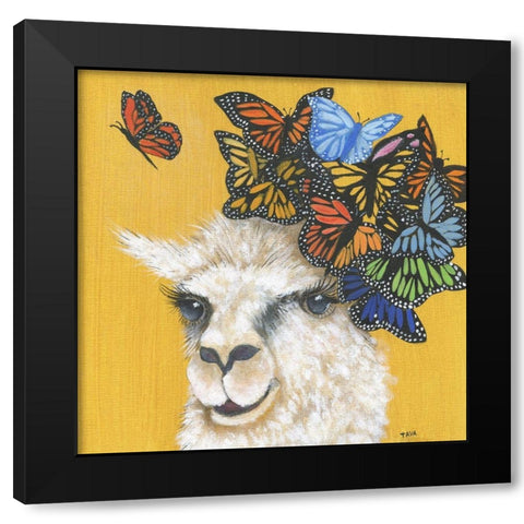 Llama and Butterflies Black Modern Wood Framed Art Print with Double Matting by Tava Studios