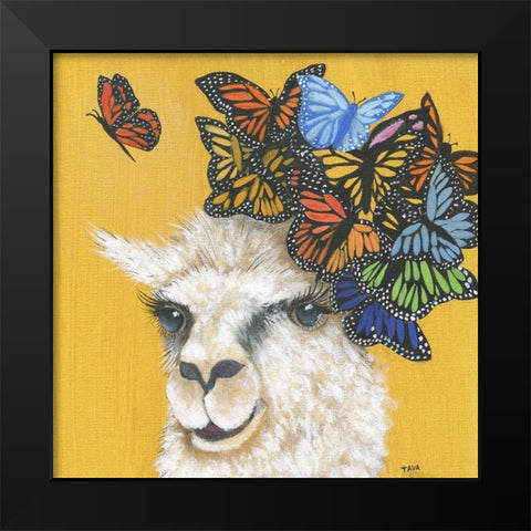 Llama and Butterflies Black Modern Wood Framed Art Print by Tava Studios