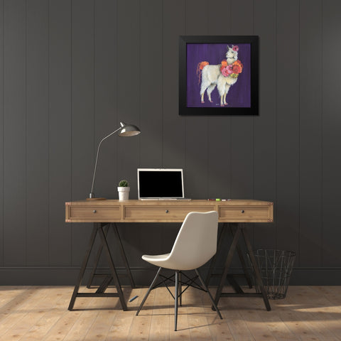 Llama Flowers Black Modern Wood Framed Art Print by Tava Studios