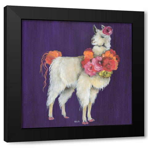 Llama Flowers Black Modern Wood Framed Art Print by Tava Studios