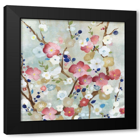 Cherry Blossoms Black Modern Wood Framed Art Print by Tava Studios