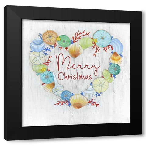 Merry Christmas Shell Wreath Black Modern Wood Framed Art Print with Double Matting by Tava Studios