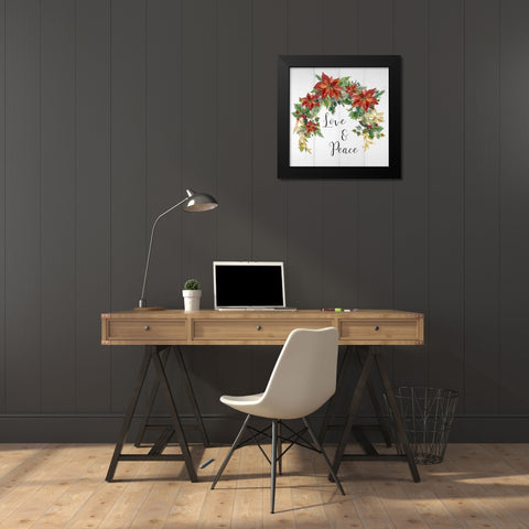 Holiday Poinsettia Love And Peace Black Modern Wood Framed Art Print by Finn, Livi