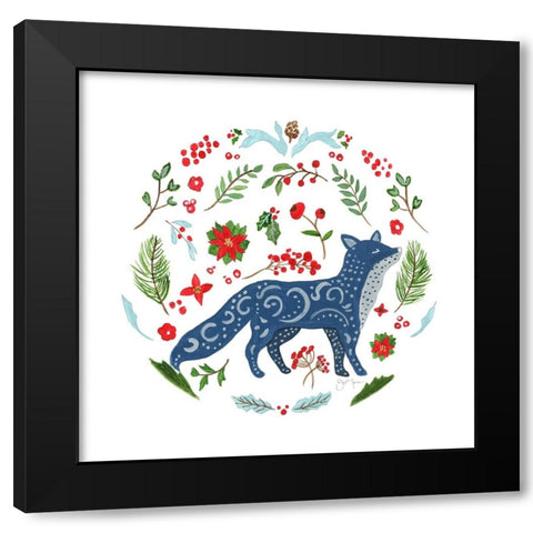 Christmas Folk Fox Black Modern Wood Framed Art Print with Double Matting by Tava Studios
