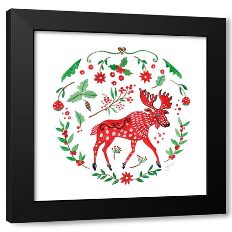 Christmas Folk Moose Black Modern Wood Framed Art Print with Double Matting by Tava Studios