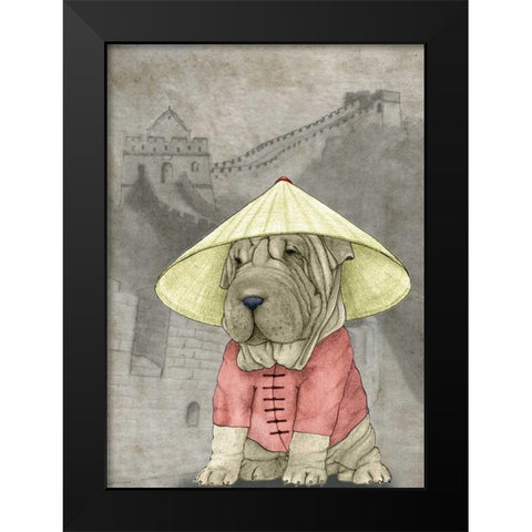 Shar Pei with the Great Wall Black Modern Wood Framed Art Print by Barruf