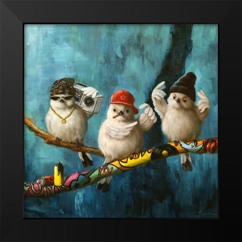 Birdz in da Hood No. 2 Black Modern Wood Framed Art Print by Heffernan, Lucia
