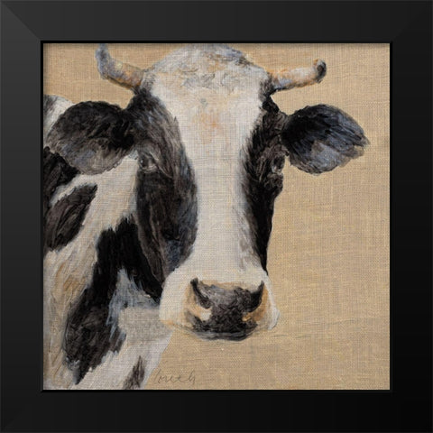 Cow On Burlap Background Black Modern Wood Framed Art Print by Loreth, Lanie
