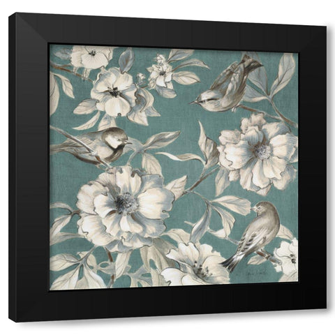 Peonies And Birds Black Modern Wood Framed Art Print with Double Matting by Loreth, Lanie