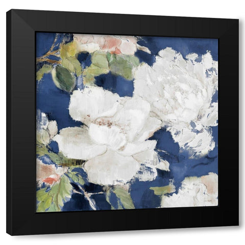 White Modern Peonies on Blue II Black Modern Wood Framed Art Print with Double Matting by Loreth, Lanie