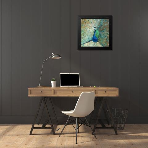 Blue Peacock on Gold Black Modern Wood Framed Art Print by Nai, Danhui