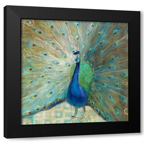 Blue Peacock on Gold Black Modern Wood Framed Art Print by Nai, Danhui