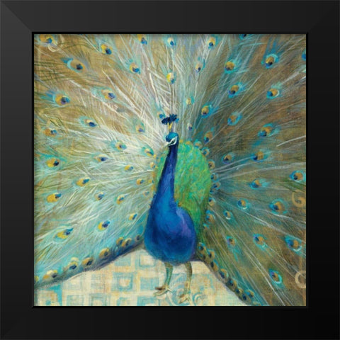Blue Peacock on Gold Black Modern Wood Framed Art Print by Nai, Danhui