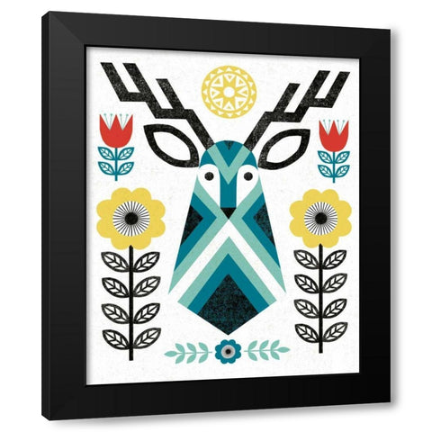 Folk Lodge Deer II V2 Teal Black Modern Wood Framed Art Print with Double Matting by Mullan, Michael