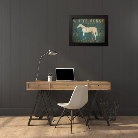 White Horse with Words Blue Black Modern Wood Framed Art Print by Fowler, Ryan