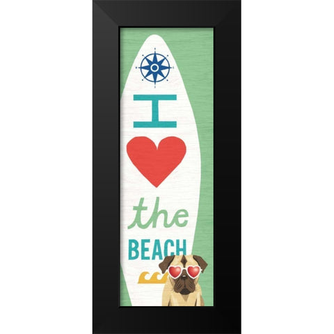 Beach Bums Pug Surf Board Black Modern Wood Framed Art Print by Mullan, Michael