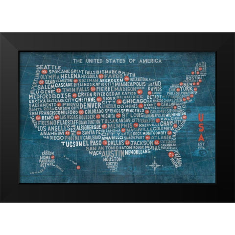 US City Map on Wood Blue Black Modern Wood Framed Art Print by Mullan, Michael
