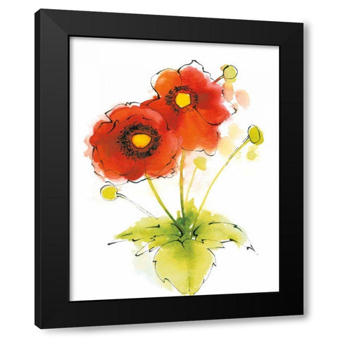 Flores Rojas Green Leaves I Black Modern Wood Framed Art Print by Novak, Shirley
