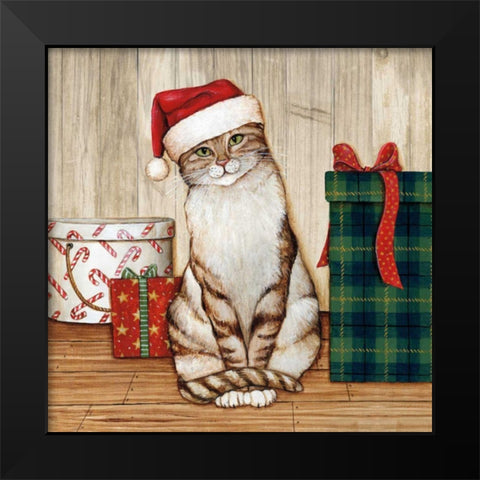 Christmas Kitty on Planked Wood Black Modern Wood Framed Art Print by Brown, David Carter