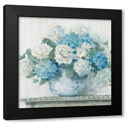 Blue Hydrangea Cottage Crop Black Modern Wood Framed Art Print with Double Matting by Rowan, Carol
