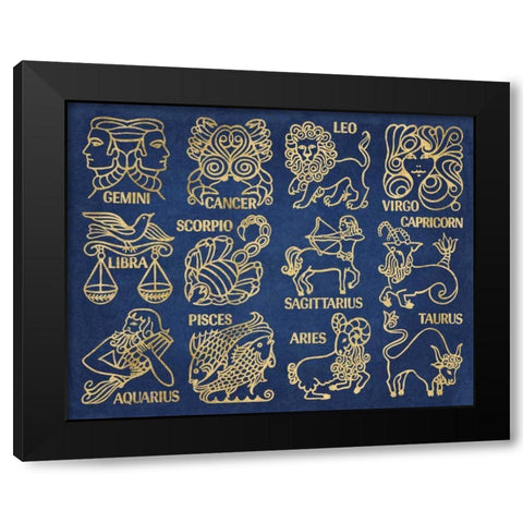 Whats Your Sign Blue Gold Black Modern Wood Framed Art Print by Wild Apple Portfolio