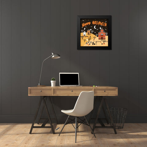Spooky Village IV Happy Halloween Black Modern Wood Framed Art Print by Marshall, Laura