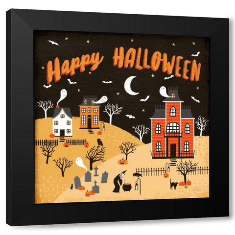 Spooky Village IV Happy Halloween Black Modern Wood Framed Art Print by Marshall, Laura
